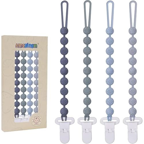 One Piece Design Silicone Pacifier Clip Holder,Pack of 4 Flexible Paci Leash,Binky Clips with Textures for Baby Boys and Girls,Newborn Essential (Gray)