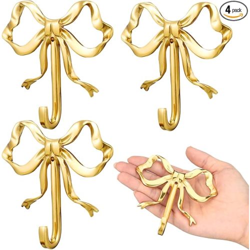 4 Pcs Gold Bow Knot Hooks Brass Bow Wall Door Hanger Towel Hooks Brass Coat Hanger Decorative Holder for Wedding Bathroom Living Room Kitchen Decor (L)