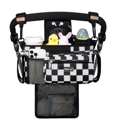 TOPDesign Universal Baby Stroller Organizer, Stroller Caddy with Detachable Mesh Bag & Heightened Insulated Cup Holders & Non-Slip Secure Hooks Accessories, Fits Most Strollers (Checkerboard)