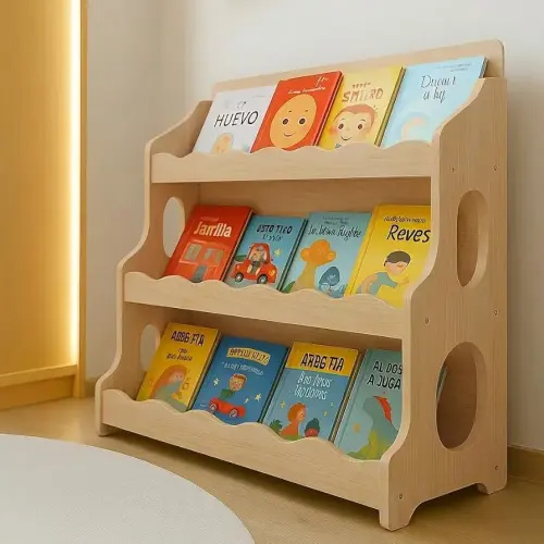 Kids Bookshelf Wooden Montessori Book Shelf Dutch Design 3Tier Scalloped,NaturalMapleWood GrainPattern