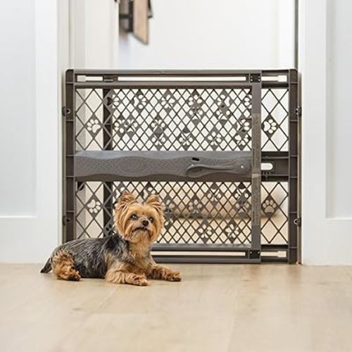 MYPET North States Paws Portable Pet Gate: 26-40" Wide. Pressure Mount. No Tools Needed. Made in USA. Dog Gate 23" Tall, Expandable, Durable Dog Gates for Doorways, Fieldstone Gray