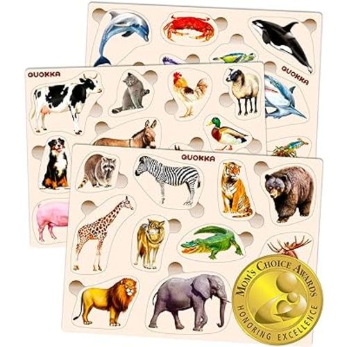 QUOKKA Wooden Puzzles for Toddlers 1-3 – 3xSET Toddler Puzzles AES 2-4 – Montessori Animal Toy Puzzles for Toddlers 3-5 Year Old – Wood Toy Learning Realistic Animals for Boy and Girl