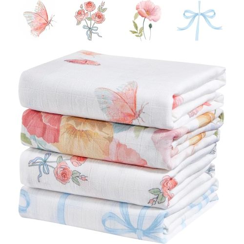 4-Pack 100% Cotton Muslin Swaddle Blankets, Large 47 x 47 Inches — Breathable Soft Receiving Blankets for Newborns, Swaddling Wraps, Baby Essentials, Registry Gift (Butterfly Floral Garden)