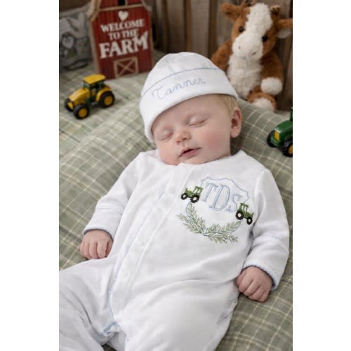 Personalized Tractor Outfit Baby Boy Sleeper Set Newborn Size Cotton Romper Farm Theme Embroidered Design Custom Monogram Infant Clothing