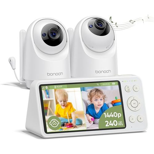 bonoch 5.5" 1440p Baby Monitor with 2 Cameras, Smart No WiFi Dual Baby Video Monitor with Split Screen, AI Crying/Motion/Turnover Detect, 240h Lasting, Hack Proof, Auto Night Vision, White Noise