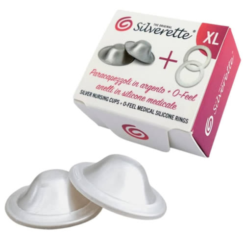 SILVERETTE The Original Silver Nursing Cups, Nipple Covers for Breastfeeding Essentials, Pure 925 Silver Nipple Shields for Breastfeeding Newborn, XL Size with O-Feel Silicone Rings