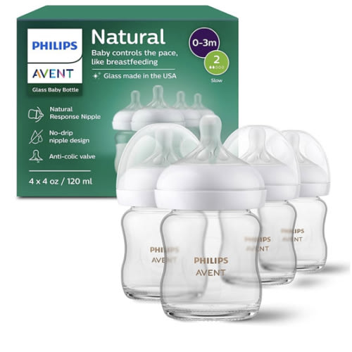 Philips Avent Natural Glass Baby Bottles with Natural Response Nipples (Slow Flow, Flow 2), 4oz, 4-Pack, SCY910/04