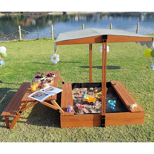 FunXplore Wooden Kids Sandbox with Lid Outdoor Sand Box with Picnic Table Foldable, Sandpit with Cover Ages 4-8, Adjustable Canopy Bottom Liner for Backyard Garden