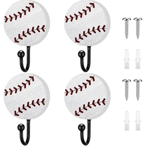 Marsui 4 Pcs Baseball Wall Decor Vintage Baseball Hooks Decoration Wood Coat Hooks Wall Mounted Sports Theme Bathroom Decor Towel Hanger for Home Entryway Playroom Hats Keys