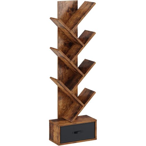 Rolanstar Bookshelf with Drawer, 7-Tier Tree Bookshelf, Rustic Brown Bookcase, Wooden Storage Rack for CDs/Movies/Books, Utility Organizer Shelves for Living Room, Bedroom, Home Office