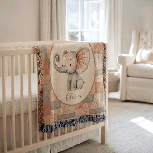 Personalized Baby Elephant Blanket, Custom Baby Name Woven Nursery Blanket, Baby Shower Gift Newborn Hospital Blanket Gift For Baby Boy Girl