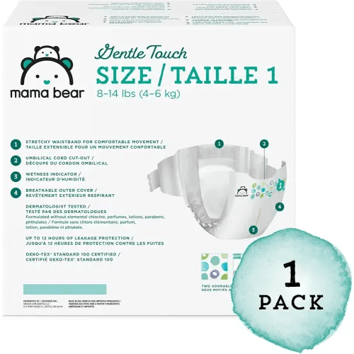 Amazon Brand - Mama Bear Gentle Touch Diapers, Hypoallergenic, Size 1, 196 Count (4 packs of 49), White