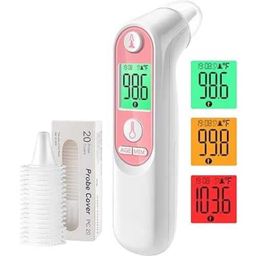 Ear Thermometer for Kids, Babies and Adults, 1 Second Accurate Digital Thermometer, Mute Function, 3-Color Fever Alert, 3 Age Groups, 30 Memory Recall with 20x Probe Covers (Pink)