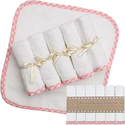 Channing & Yates Premium Boutique Baby Washcloths - (6-Pack) Organic Viscose Made from Bamboo Wash Cloths 2X Thick & Soft - Helps Eczema - Adult Face Washcloths - (Pink on White)