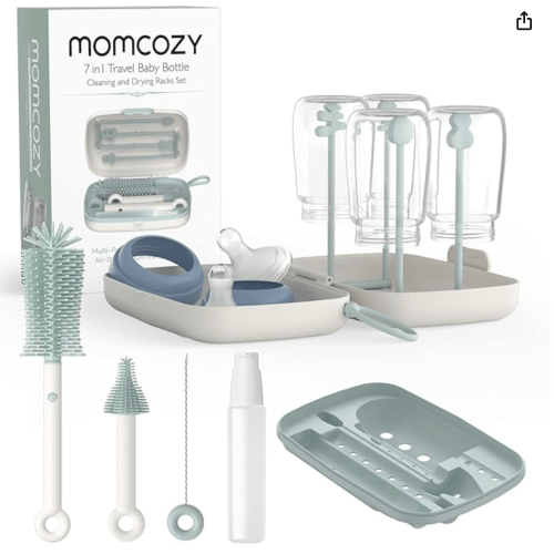Momcozy Bottle Brush Set - Baby Bottle Cleaner Kit with Silicone Brush, Nipple Brush, Straw Brush, Soap Dispenser, Drying Rack - 7 in 1 Bottle Cleaning Tool for Home and Travel
