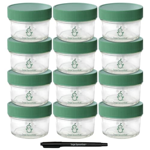 Sage Spoonfuls Glass Baby Food Containers with Lids - 12 Pack, 4 oz Baby Food Jars, Freezer Storage, Leakproof, Reusable Small Glass Baby Food Containers, Microwave & Dishwasher Friendly