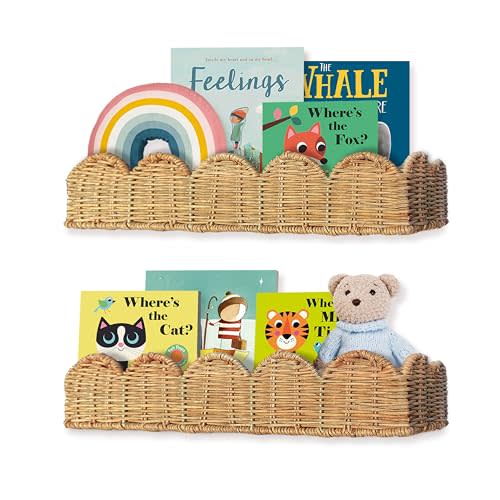 Nursery Book Shelves Set of 2 - Artisanal Natural Rattan Scalloped Book Shelf for Kids Rooms 15.8" W, Cute Wicker Nursery Bookshelf Wall Mounted, Handwoven Floating Kids Bookshelf, Baby Boho Decor