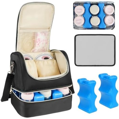Wearable Breast Pump Bag with Cooler Compartment Fits for Willow/Elvie/Momcozy M5/S12 Pro/Medela, Breast Milk Travel Tote Bag with Ice Pack & Waterproof Mat,Black