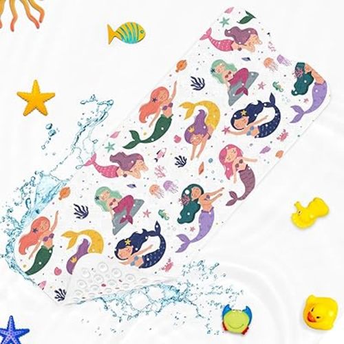 Cute Kids Sea Bathtub Shower Mat Summer Mermaid Nautical Non-Slip Tub Extra Long Bath Floor 40X16 Inch Machine Washable for Bathroom Tub Bath Mat for Toddler and Baby