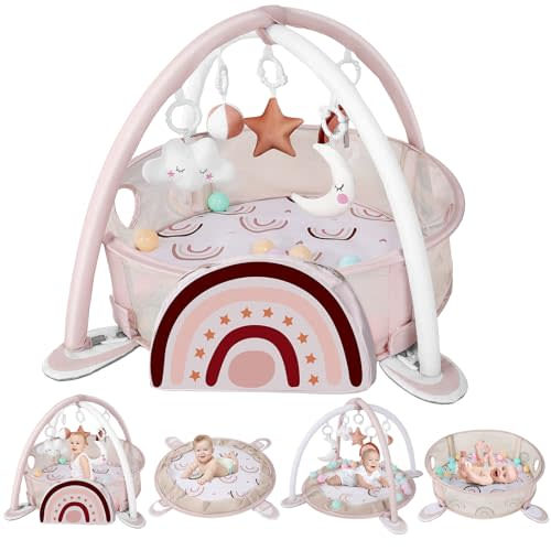 dearlomum 4-in-1 Baby Play Mat Baby Gym,Tummy Time Mat for Floor Activity Gym Ball Pit Including 30 Balls with 5 Infant Learning Sensory Baby Toys for Newborn Toddler Boy & Girl Gifts(Rainbow)
