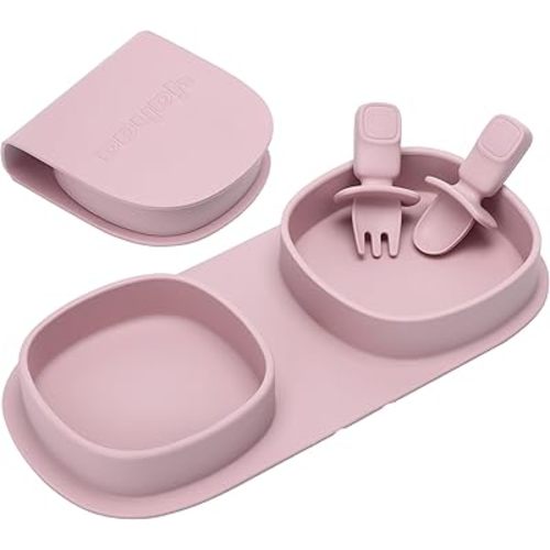 Toddler Plates Travel Essential on the go,Baby Plates with Forks and Spoons Self Feeding 6 months,Foldable,Silicone,BPA Free,Matte Pink