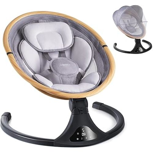 LAREX Baby Swings for Infants to Toddler, Electric Baby Swing with Remote Control, Rocker with 5 Speeds for Baby Boy Girl, 5-Point Harness, 3 Seat Positions(2024 Model-Light Wood Grain)