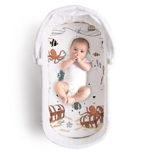 JumpOff Jo Hypoallergenic Fitted Bassinet Sheet for Baby Boys & Girls - Rectangular, Hourglass & Oval Crib Compatible, Soft, Breathable, Machine Washable, Color: Octopus treasure