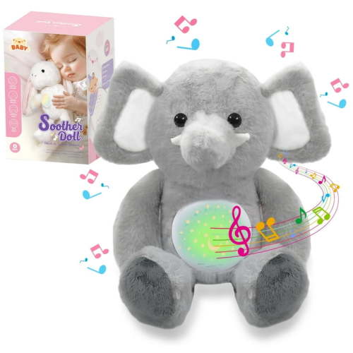 Caunedy Musical Plush Toy with Soothing Light & Sound, Soft Stuffed Animal for Newborn to Toddler 0-36 Months, Perfect Christmas & Birthday Gift for Boy Girl