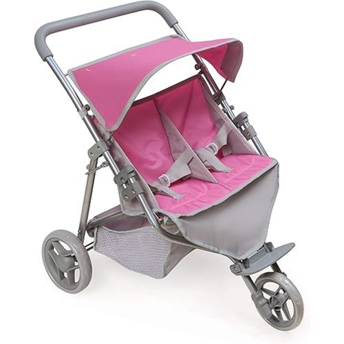 Badger Basket Twin Doll Jogging Stroller - 3-Wheel Foldable Stroller for 18 Inch Dolls - Adjustable Footrest, Storage Basket, 3-Point Harness, Rubber Grip Handle - Gray and Pink