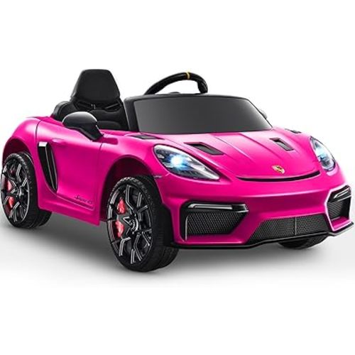 First Ride On Licensed Porsche 718 12V Ride on Toy for Toddler, Ride on Car for Kids with Remote Control, Child Electric Car w/Horn, Radio, USB, Spring Suspension, Opening Door, Led Light (Pink)