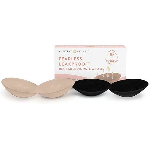 Kindred Bravely Fearless Leakproof Reusable Breast Pads | Ultra Absorbent Washable Nursing Pads (4 Pack, Beige/Black)