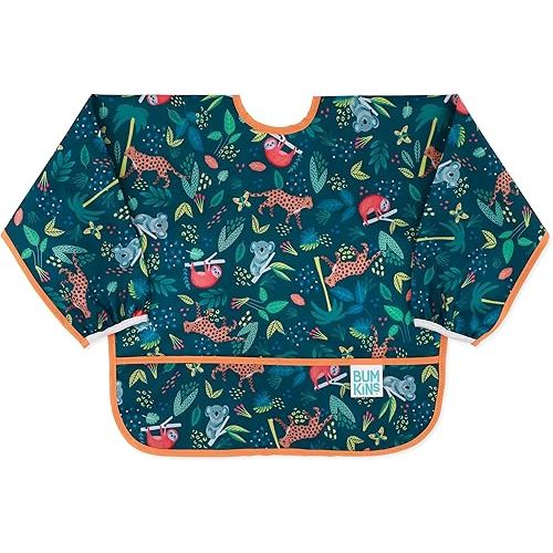 Bumkins Sleeved Bib for Girl or Boy, Baby and Toddler for 6-24 Mos, Essential Must Have for Eating, Feeding, Baby Led Weaning Supplies, Long Sleeve Mess Saving Food Catcher, Soft Fabric, Jungle