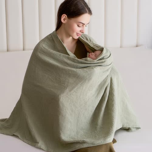 SUNSHE Muslin Nursing Cover for Baby Breastfeeding, Breathable 100% Cotton 5.6 * 2.6 FT Snap-Button Design Versatile Muslin Nursing Covers for Mom's Privacy and Baby's Comfort (Light Green)