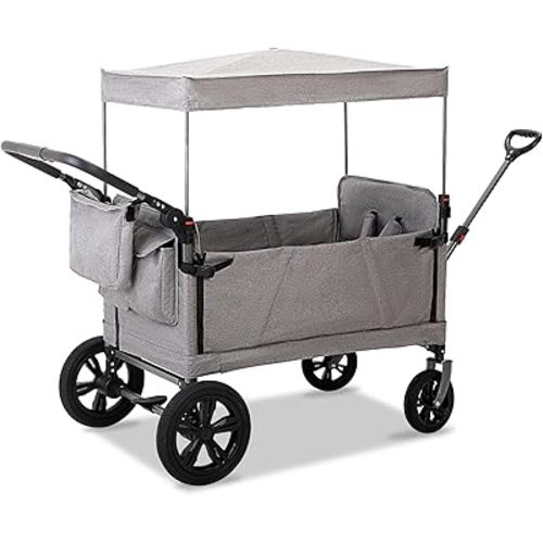 REDCAMP Foldable Stroller Wagon for 2 Kids with Canopy, Collapsible Outdoor Stroller, Adjustable Handle and 5-Point Harness, Grey Pull-Along Wagon for Beach/Park/Zoo/Travel