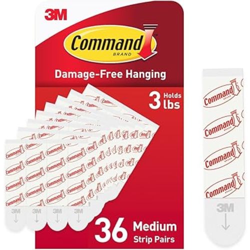 Command Medium Refill Strips, 36 Command Strips, Damage-Free Hanging, Reuse Medium Indoor Wall Hooks, No Tools Removable Adhesive for Home Decor
