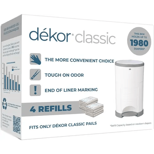 Diaper Dekor Classic Diaper Pail Refills | 4 Count | Most Economical Refill System | Quick & Easy to Replace | No Preset Bag Size Use Only What You Need | Exclusive End-of-Liner Marking