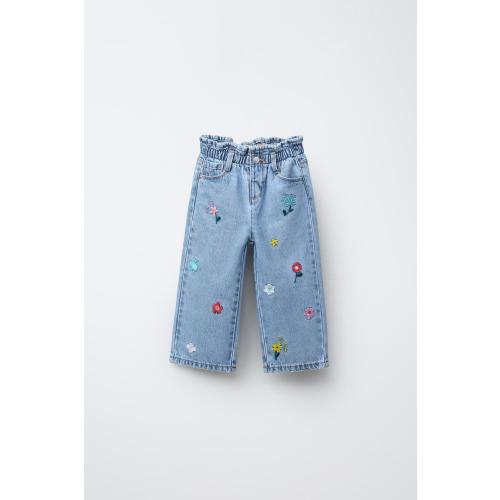 EMBROIDERED FLOWER PAPERBAG JEANS - Blue | ZARA United States