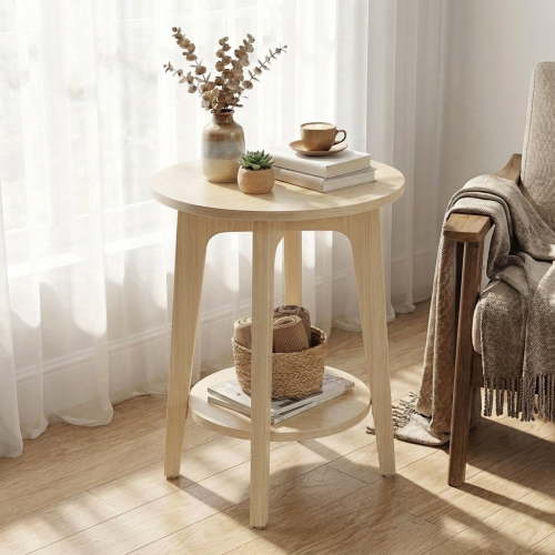 LEDREM Compact Two-Tier Round Accent Table, Tapered-Leg Side Table with Curved Accents, Holds 198lb, Quick Assembly, Space-Saving Small Sofa Table