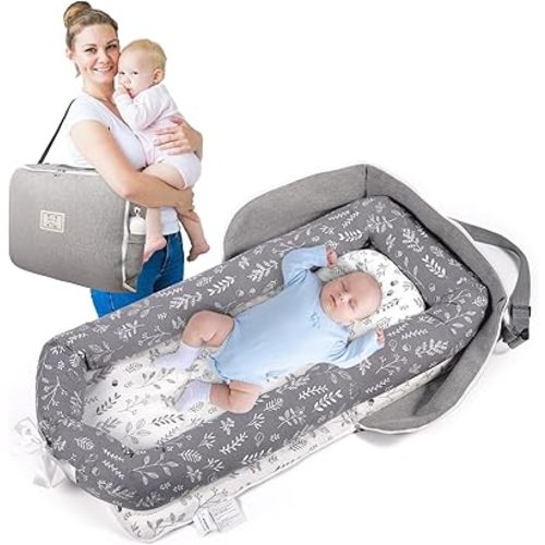Baby Lounger Diaper Bag for Newborn: Portable Foldable Travel Nest Bed for Infants Toddler 0-12 Months 100% Cotton Breathable - Indoor & Outdoor Use (Grey-Plant)