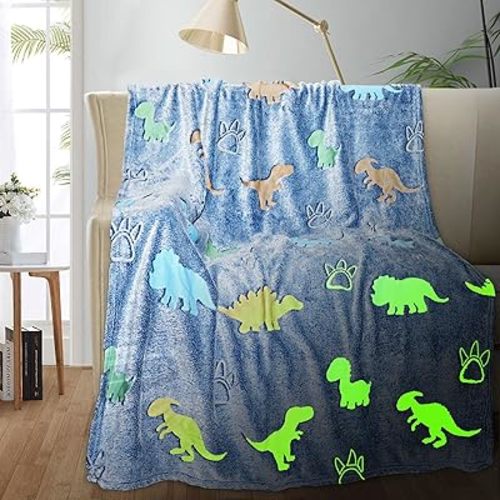 TEHALK Dinosaur Glow in The Dark Blanket for Boys, Kids, Toddler, 40"x60", Blue, Polyester, Flannel/100% Polyester, Modern Dinosaur Pattern, Machine Washable