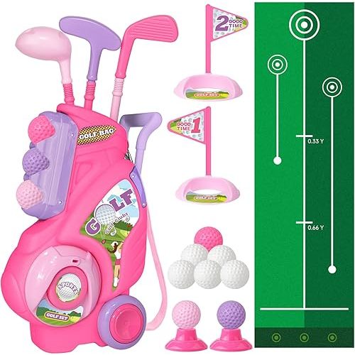 Toddler Golf Set for Girls Boys 2 3 4 Years Old, Kids Golf Clubs Set with Cart & Putting Mat, Outdoor Indoor Sports Toys Birthday, Pink