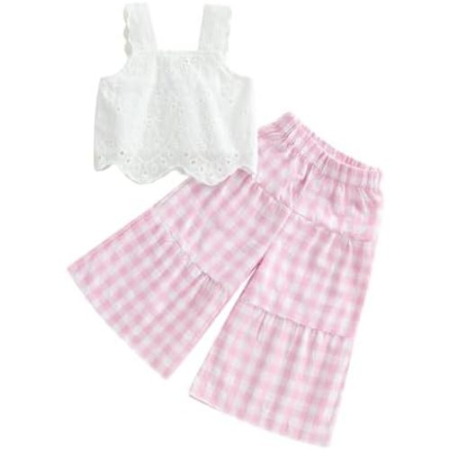 Toddler Baby Girls Summer Outfit Sleeveless Lace Trim Tank Tops and Wide Leg Pants Clothing Sets