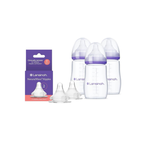 Lansinoh NaturalWave Fast Flow Nipples (2 ct) + 8 oz Anti-Colic Baby Bottles (3 ct) with Medium Flow Nipples, BPA/BPS-Free, Soft Silicone for Comfortable Feeding