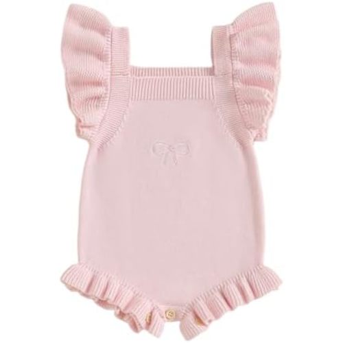 Newborn Baby Girl Clothes Bow Embroidery Romper Sleeveless Knit Romper Jumpsuit Sweater Bodysuit One-Piece Outfit