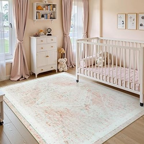 LIVEBOX 5x7 Soft Boho Pink Rugs for Bedroom Girls, Non-Slip Faux Wool Area Rug for Bedroom, Ultra-Thin Machine Washable Area Rug for Girls Room, Non-Shedding Rugs for Kids Room