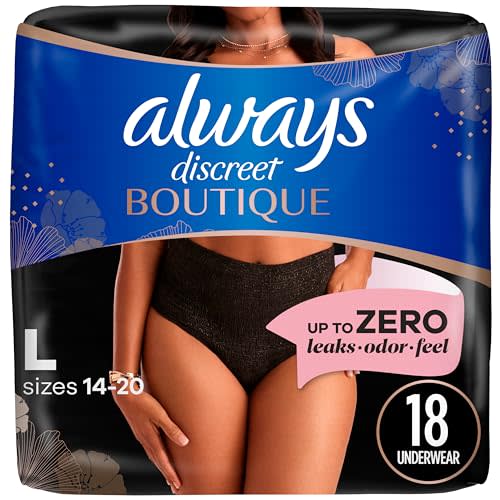 Always Discreet Boutique Incontinence and Postpartum Underwear for Women, Maximum Protection, L, Black, 18 Count (Packaging May Vary)