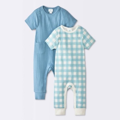 Baby Boys' 2pk Gingham Jacquard Short Sleeve Romper - Cloud Island™ Blue Newborn