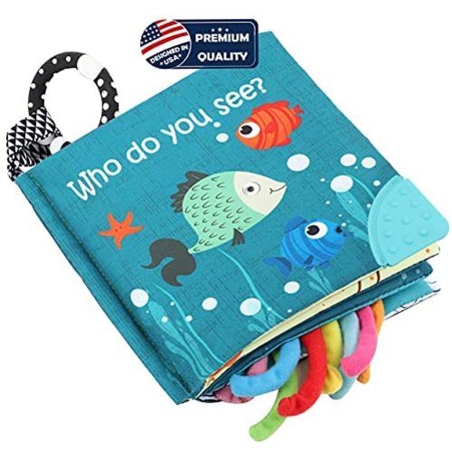 Fish Soft Cloth Book, Crinkle Baby Books Toys Shark Tails Soft Activity Early Education Toy for Babies,Toddlers,Infants,Kids, Teether Ring,Teething Baby Book Baby Shark,Octopus, Ocean Sea Animal Books