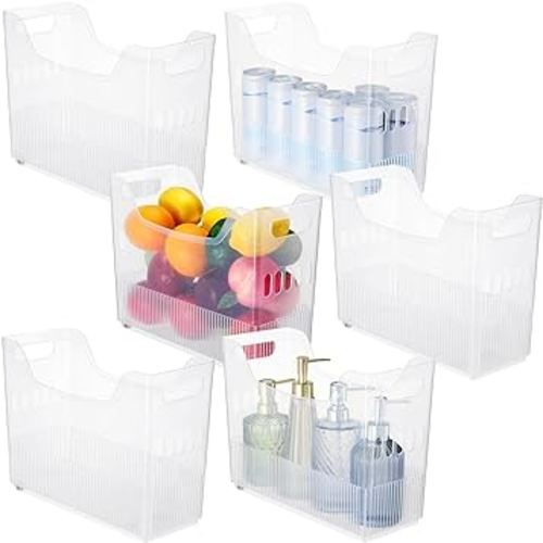 6 Pcs Freezer Organizer Bins with Wheel Medium Size Clear Plastic Pantry Organizer and Storage Tall Narrow Kitchen Organization Freezer Organization Rolling Bins Storage Containers for Office