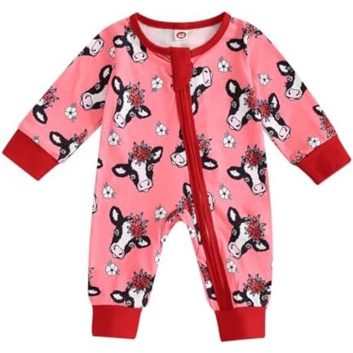 Western Baby Girl Boy Clothes Long Sleeve Cow Print Zipper Jumpsuit Romper Bodysuit One Piece Fall Winter Outfit